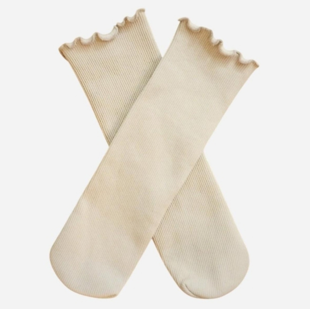 Cream Fleece Lined Socks Ribbed Ruffle Mid-calf Cozy Soft Socks